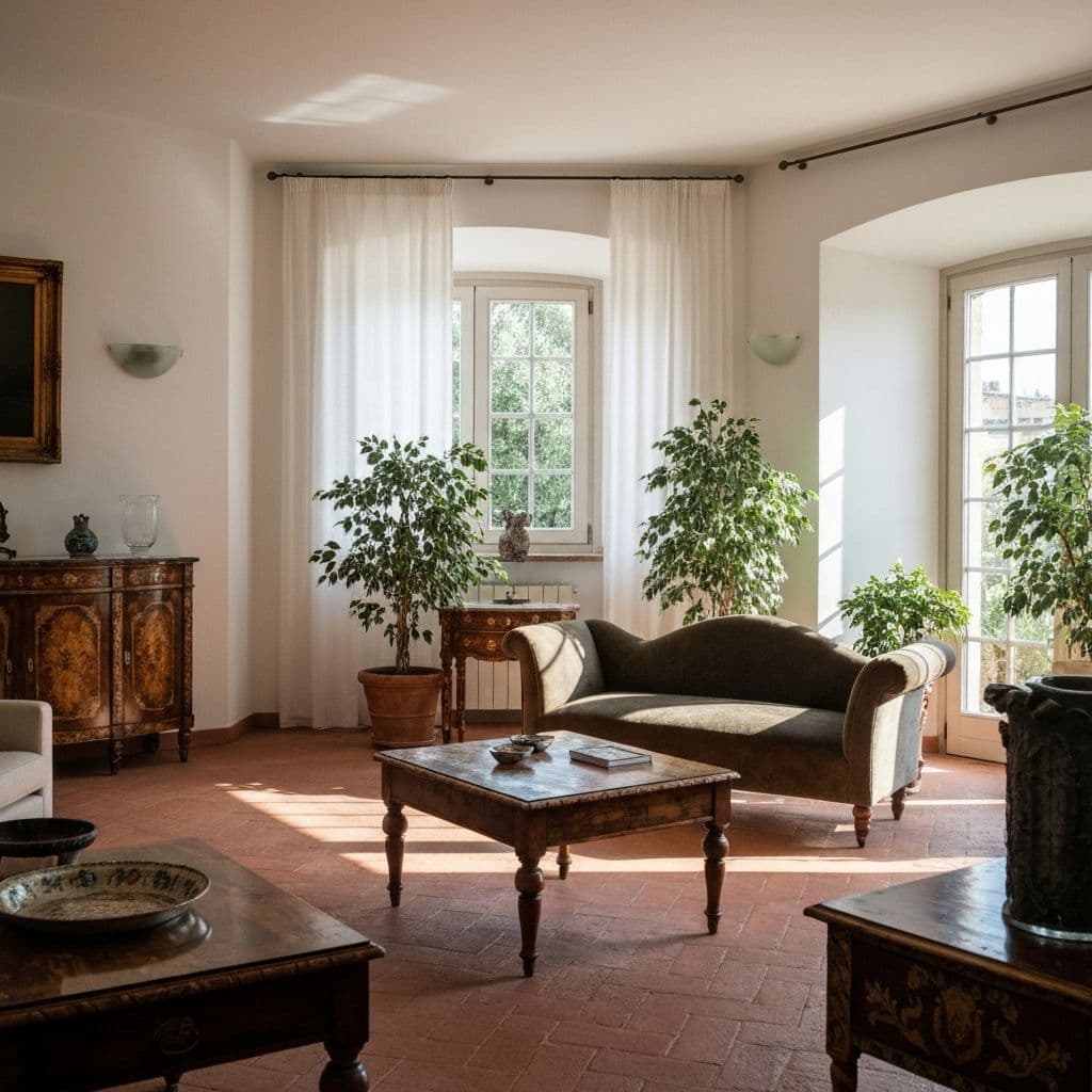 Interior of a Puglian villa: whitewashed living room with beamed ceiling and terrace doors