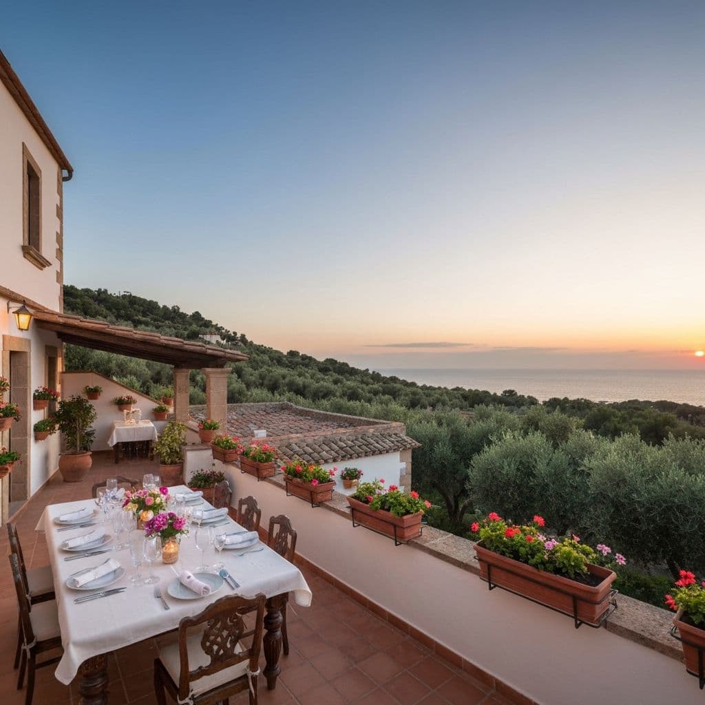 Terrace at a Puglian villa set for outdoor dining, looking out toward the landscape