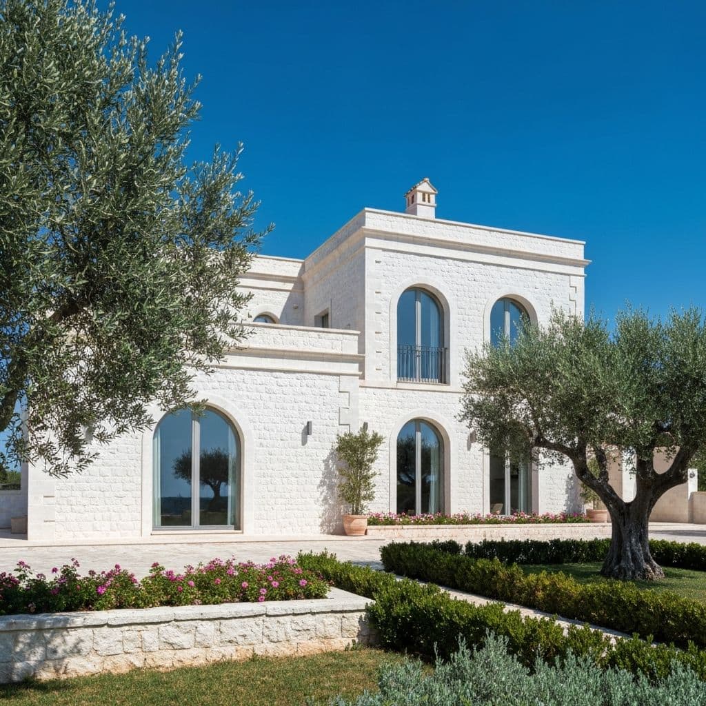 Whitewashed luxury villa exterior in Puglia, with stone walls and an olive tree in the foreground
