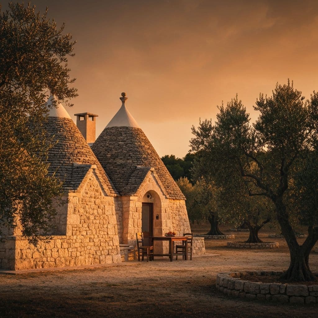 Traditional trulli stone house in Puglia, set among an olive grove